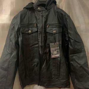 Black Leather Jacket with Hoodie